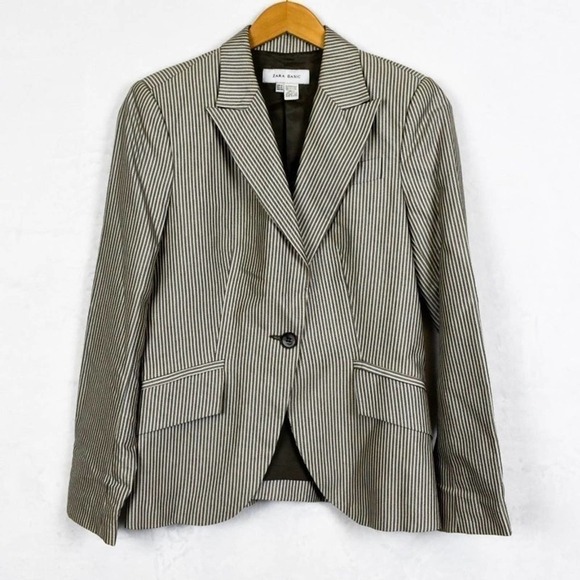 Zara Brown White Striped Blazer M Medium - Picture 2 of 8